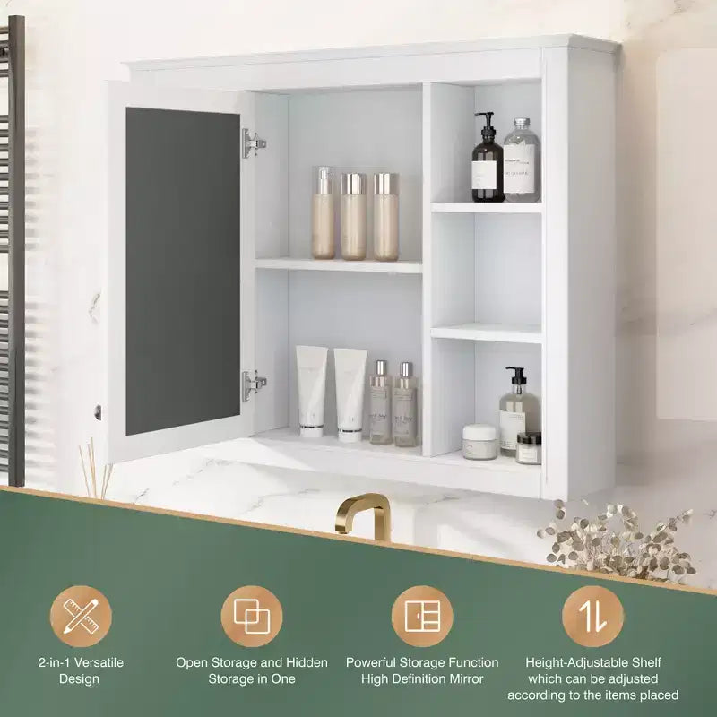 CASAINC 35 x 27.5 Espejo para baño con 6 estantes abiertos, gabinete de medicinas montado en la pared (sin tocador)