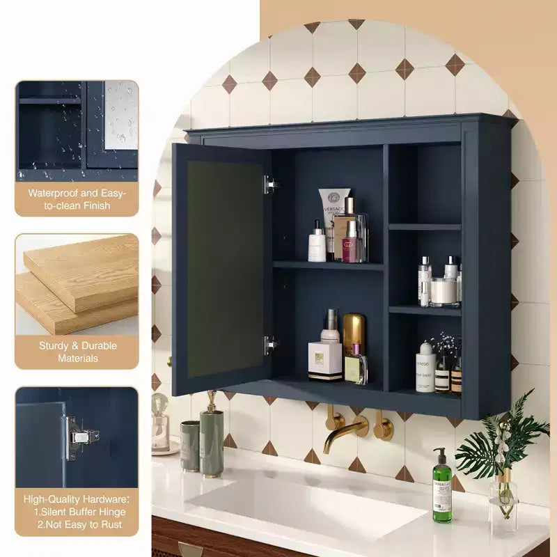 CASAINC 35 x 27.5 Espejo para baño con 6 estantes abiertos, gabinete de medicinas montado en la pared (sin tocador)