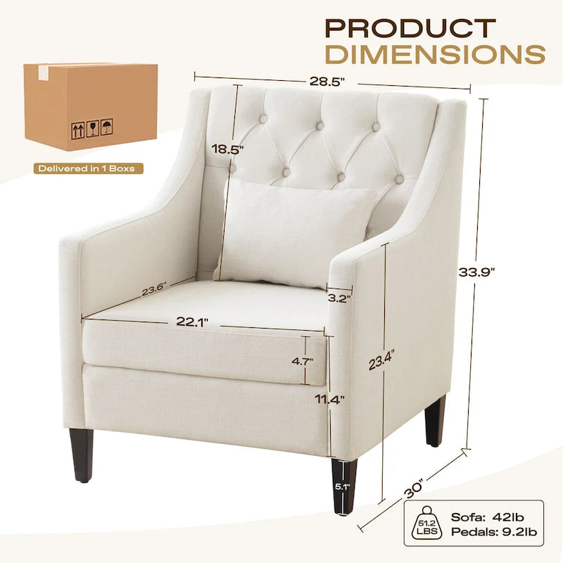 Sillón decorativo tapizado en beige con botones y cojín lumbar