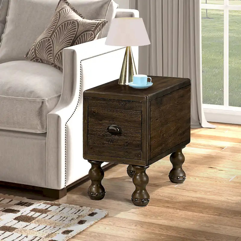 Mesa Auxiliar de Madera Maciza con Cajón, Mesa Auxiliar Estrecha de 23.6 pulgadas para Espacios Pequeños