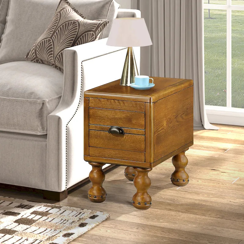 Mesa Auxiliar de Madera Maciza con Cajón, Mesa Auxiliar Estrecha de 23.6 pulgadas para Espacios Pequeños