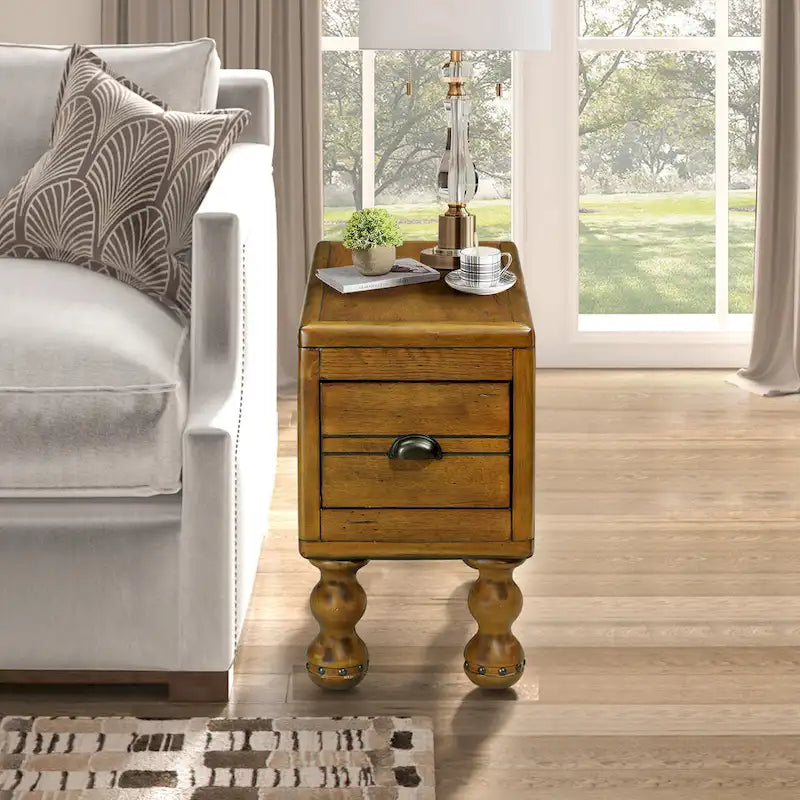 Mesa Auxiliar de Madera Maciza con Cajón, Mesa Auxiliar Estrecha de 23.6 pulgadas para Espacios Pequeños