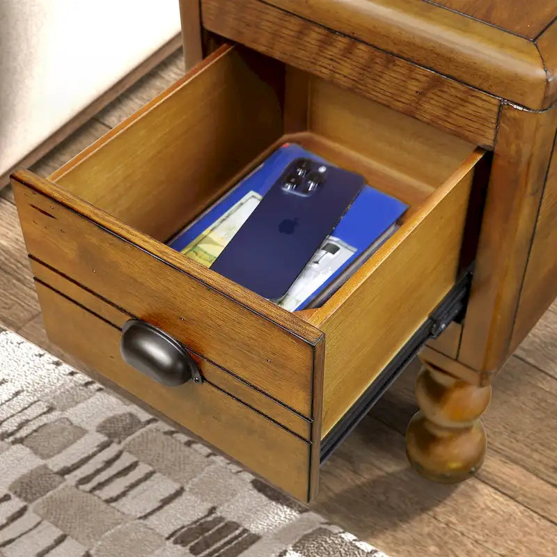 Mesa Auxiliar de Madera Maciza con Cajón, Mesa Auxiliar Estrecha de 23.6 pulgadas para Espacios Pequeños