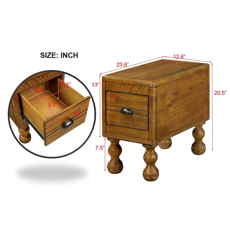 Mesa Auxiliar de Madera Maciza con Cajón, Mesa Auxiliar Estrecha de 23.6 pulgadas para Espacios Pequeños