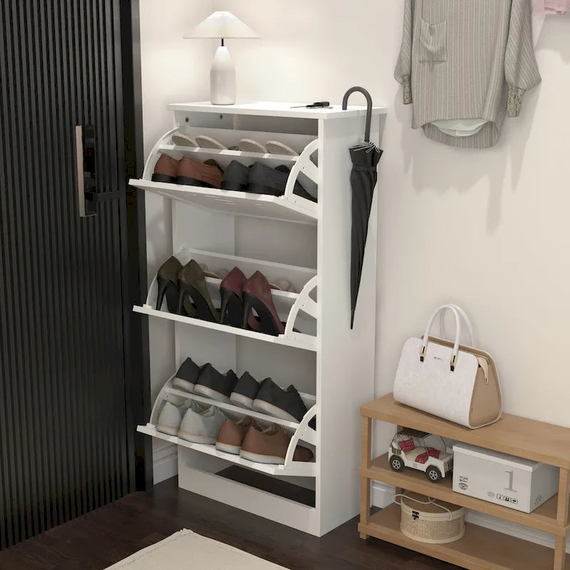 Zapatero de 3 niveles con puerta abatible y estantes ajustables, blanco
