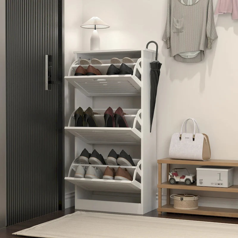 Zapatero de 3 niveles con puerta abatible y estantes ajustables, blanco