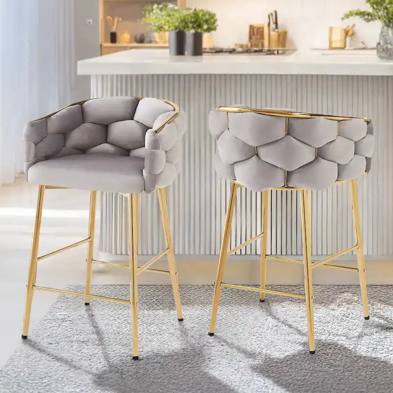 Juego de 2 taburetes de bar con asiento acolchado de terciopelo y patas de metal