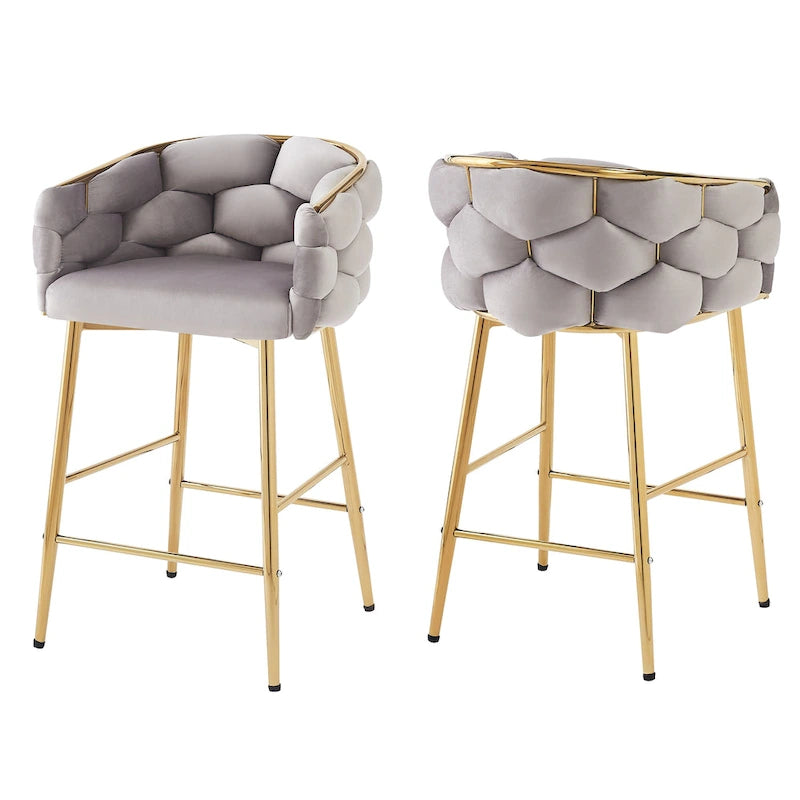 Juego de 2 taburetes de bar con asiento acolchado de terciopelo y patas de metal