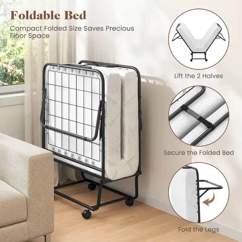 Cama Plegable con Ruedas y Colchón de Espuma Viscoelástica con Gel de 10 cm, Tamaño Cuna 74 x 31, Capacidad 220 kg
