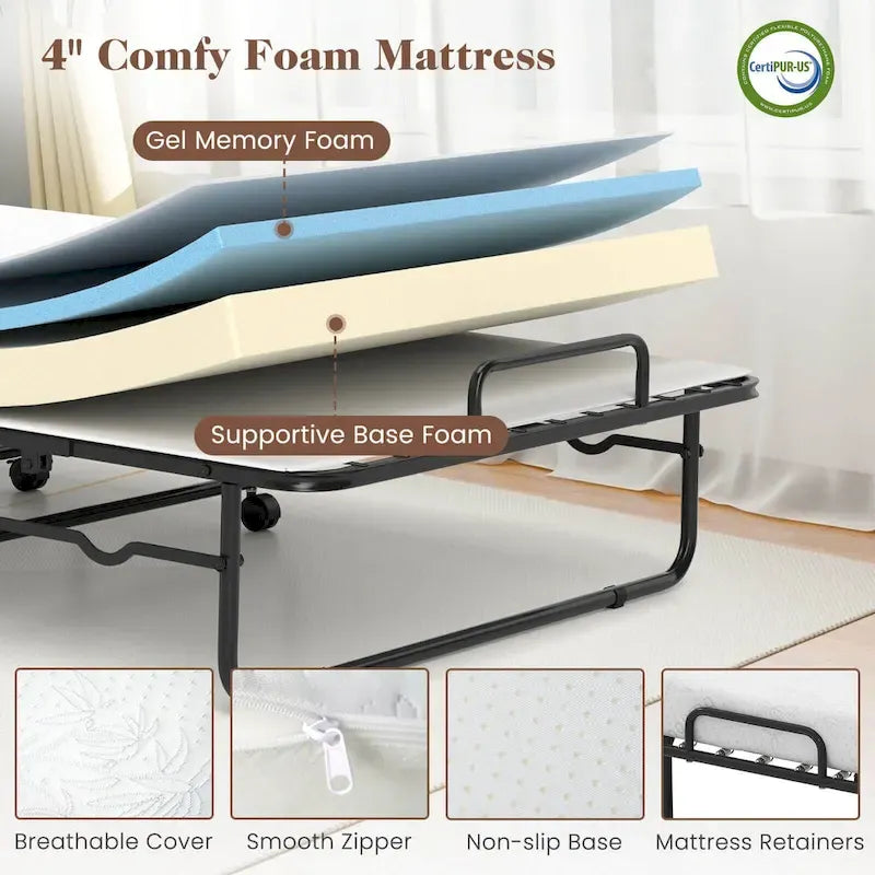 Cama Plegable con Ruedas y Colchón de Espuma Viscoelástica con Gel de 10 cm, Tamaño Cuna 74 x 31, Capacidad 220 kg