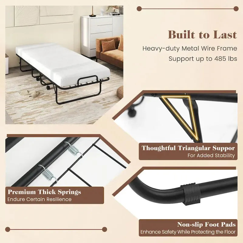 Cama Plegable con Ruedas y Colchón de Espuma Viscoelástica con Gel de 10 cm, Tamaño Cuna 74 x 31, Capacidad 220 kg