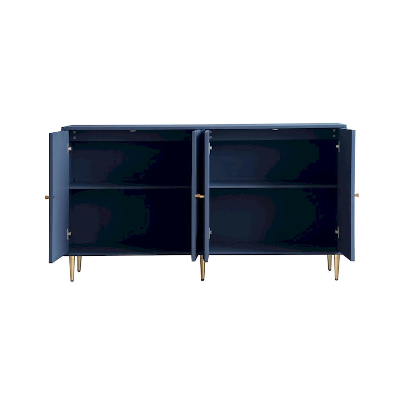 Aparador de 4 puertas con estantes ajustables, patas de metal y pomos dorados