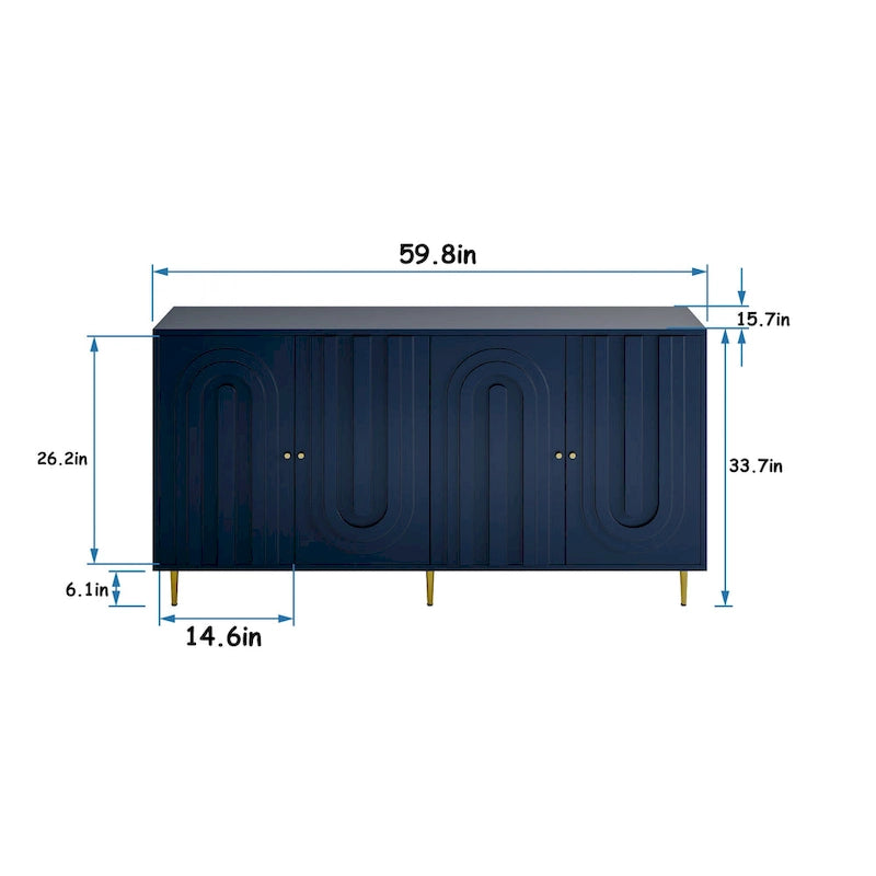 Aparador de 4 puertas con estantes ajustables, patas de metal y pomos dorados