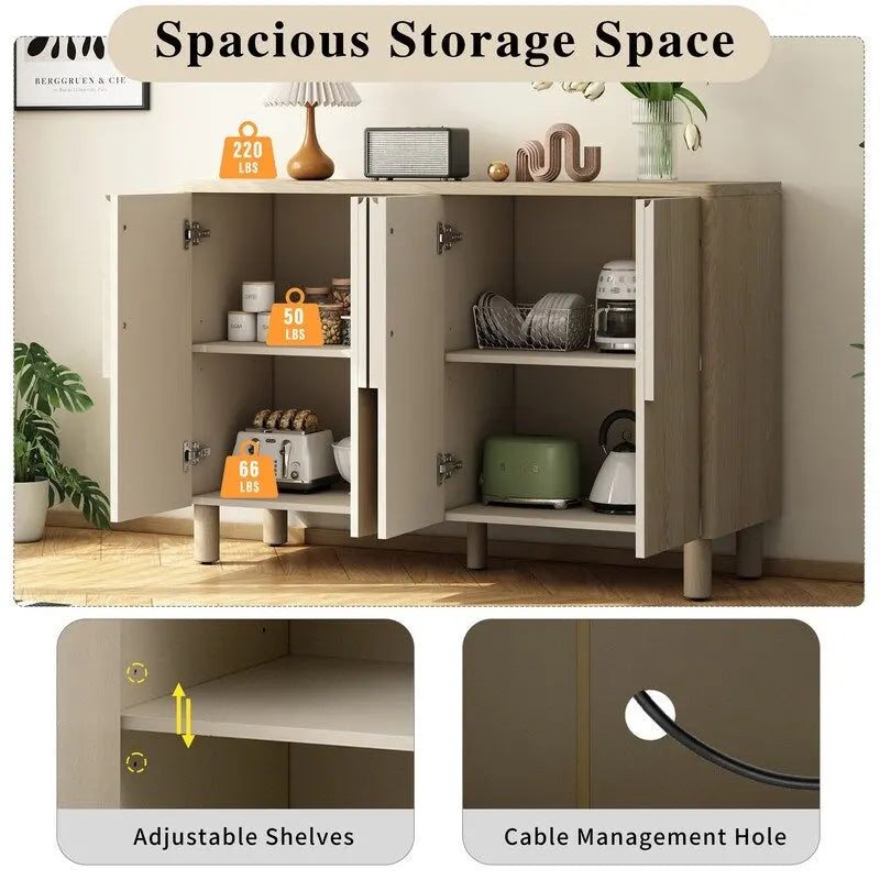 Mueble bufet de 4 puertas con estantes ajustables y tiradores en forma de arco