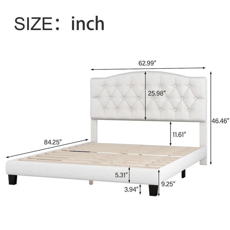 Base de cama tapizada con plataforma, cabecero curvo tipo silla de montar y detalles de rombos capitoné
