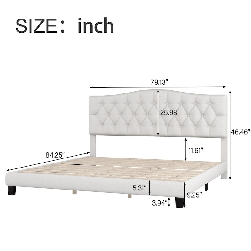 Base de cama tapizada con plataforma, cabecero curvo tipo silla de montar y detalles de rombos capitoné