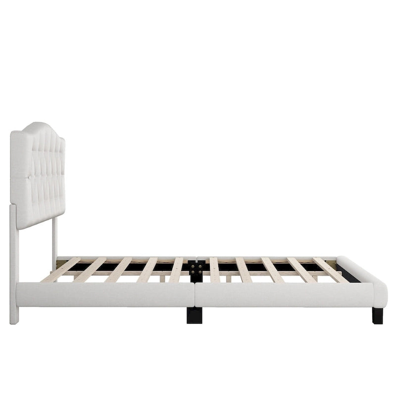 Base de cama tapizada con plataforma, cabecero curvo tipo silla de montar y detalles de rombos capitoné