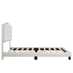 Base de cama tapizada con plataforma, cabecero curvo tipo silla de montar y detalles de rombos capitoné
