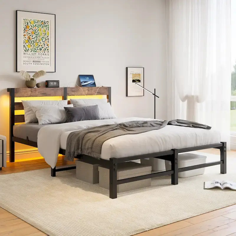 Base de cama de metal tamaño queen con cabecero de madera, luces RGB y estante de almacenamiento