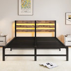 Base de cama de metal tamaño queen con cabecero de madera, luces RGB y estante de almacenamiento