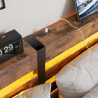 Base de cama de metal tamaño queen con cabecero de madera, luces RGB y estante de almacenamiento