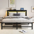 Base de cama metálica Queen con cabecero de madera, iluminación LED y cabecero con almacenamiento