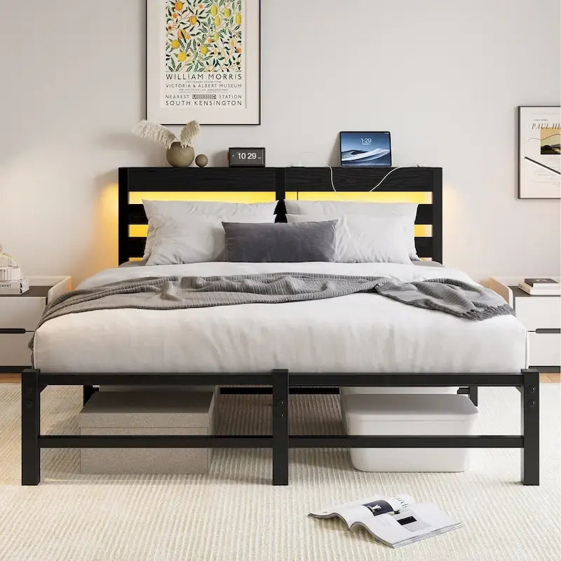Base de cama metálica Queen con cabecero de madera, iluminación LED y cabecero con almacenamiento