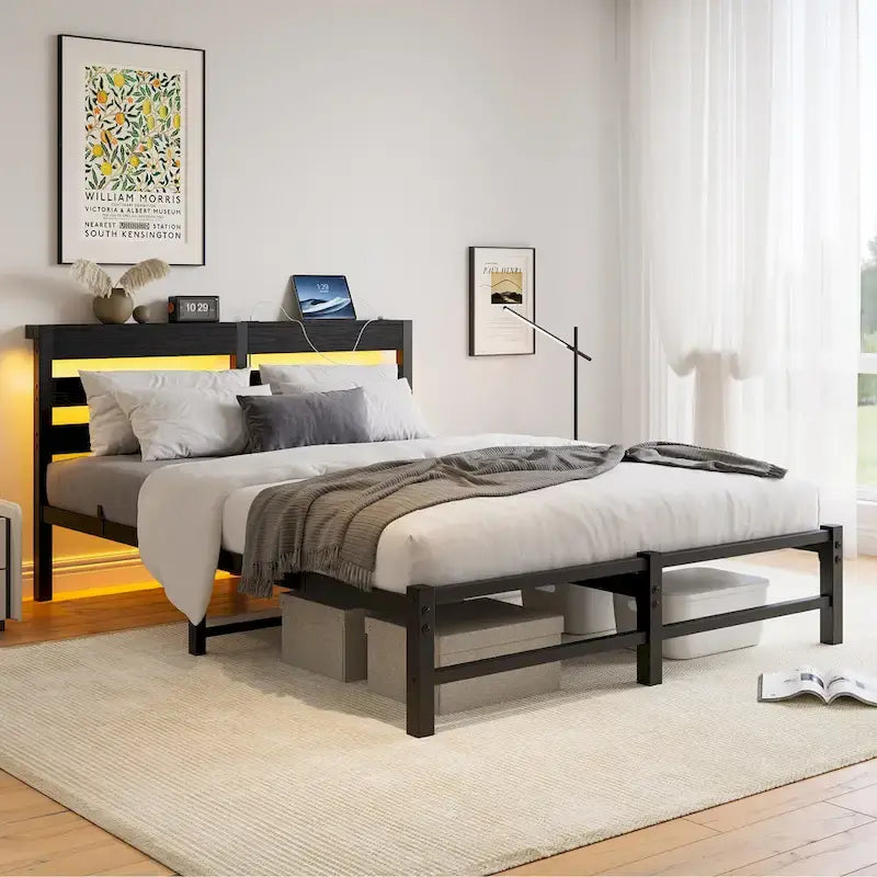 Base de cama metálica Queen con cabecero de madera, iluminación LED y cabecero con almacenamiento