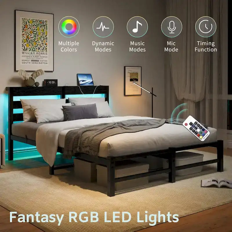 Base de cama metálica Queen con cabecero de madera, iluminación LED y cabecero con almacenamiento