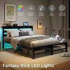 Base de cama metálica Queen con cabecero de madera, iluminación LED y cabecero con almacenamiento