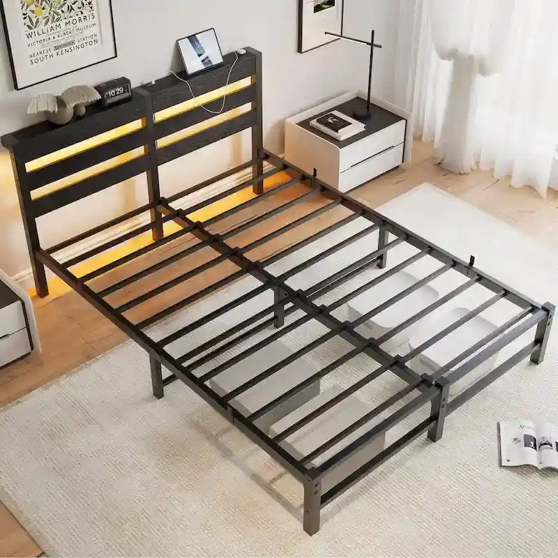 Base de cama metálica Queen con cabecero de madera, iluminación LED y cabecero con almacenamiento