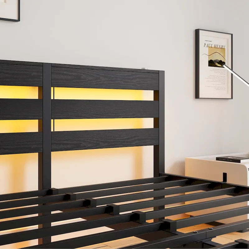 Base de cama metálica Queen con cabecero de madera, iluminación LED y cabecero con almacenamiento
