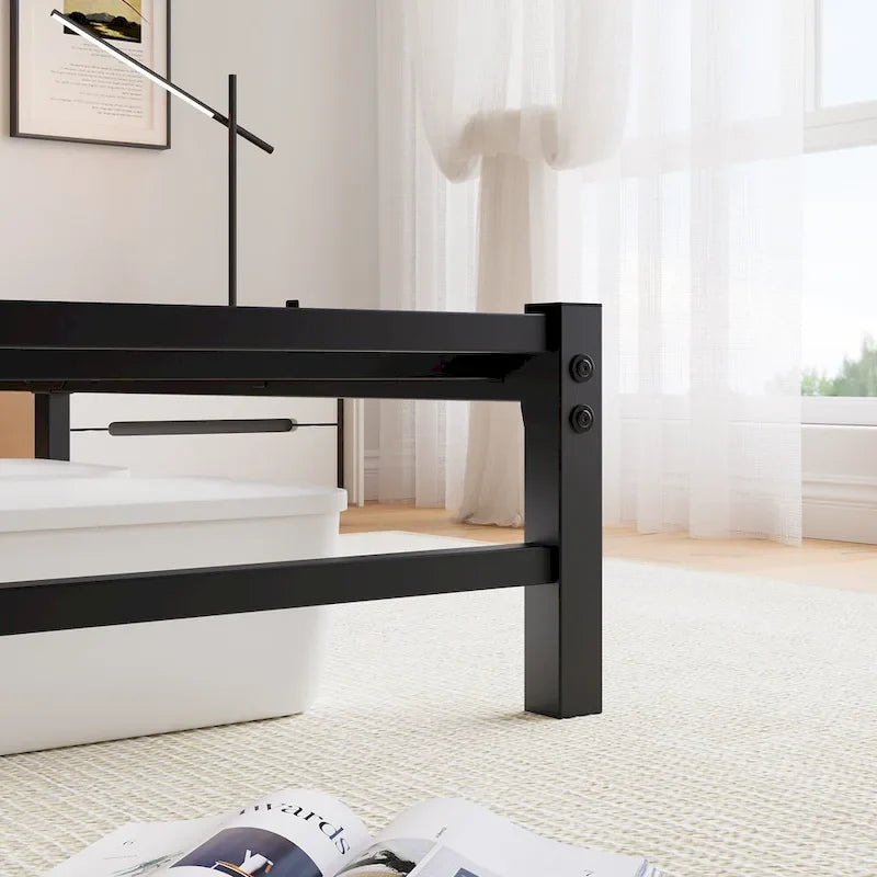 Base de cama metálica Queen con cabecero de madera, iluminación LED y cabecero con almacenamiento