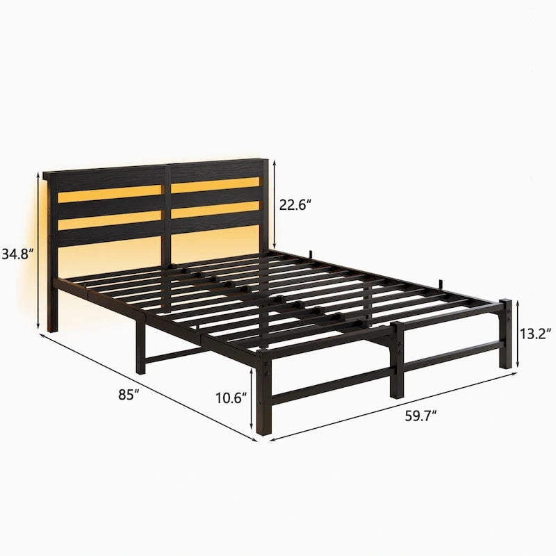 Base de cama metálica Queen con cabecero de madera, iluminación LED y cabecero con almacenamiento