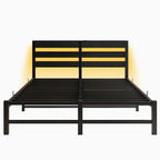 Base de cama metálica Queen con cabecero de madera, iluminación LED y cabecero con almacenamiento