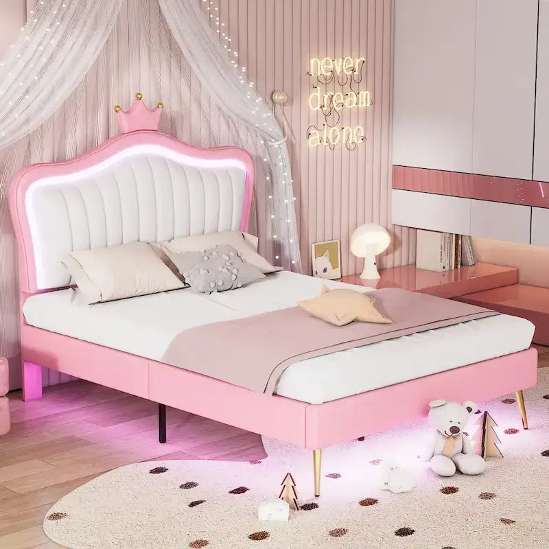 Cama tipo plataforma con cabecero de corona LED rosa con MDF, madera contrachapada, PU y estructura de metal – 272 kg de capacidad