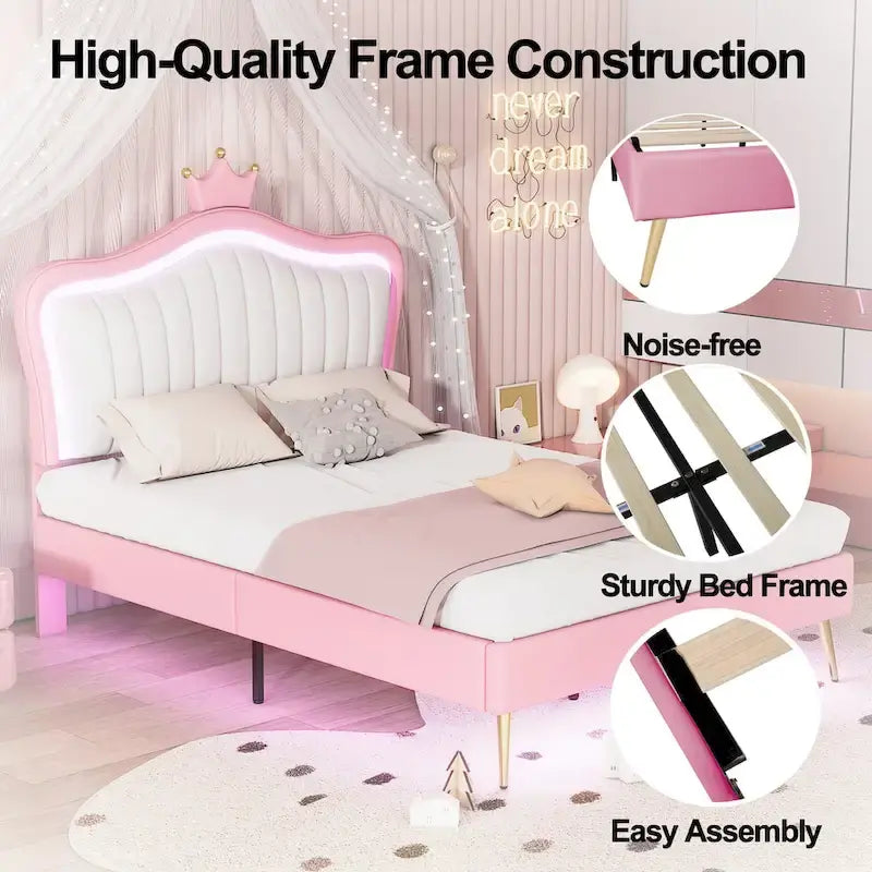 Cama tipo plataforma con cabecero de corona LED rosa con MDF, madera contrachapada, PU y estructura de metal – 272 kg de capacidad