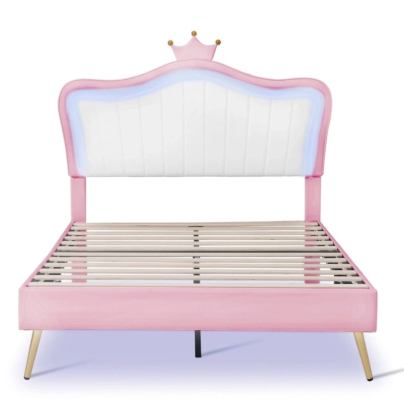 Cama tipo plataforma con cabecero de corona LED rosa con MDF, madera contrachapada, PU y estructura de metal – 272 kg de capacidad