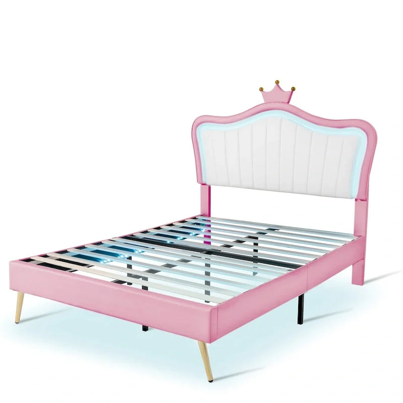 Cama tipo plataforma con cabecero de corona LED rosa con MDF, madera contrachapada, PU y estructura de metal – 272 kg de capacidad