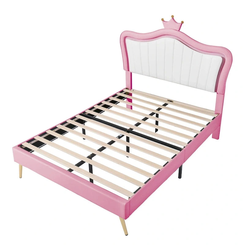Cama tipo plataforma con cabecero de corona LED rosa con MDF, madera contrachapada, PU y estructura de metal – 272 kg de capacidad