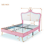 Cama tipo plataforma con cabecero de corona LED rosa con MDF, madera contrachapada, PU y estructura de metal – 272 kg de capacidad