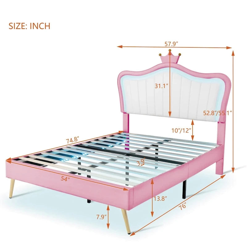 Cama tipo plataforma con cabecero de corona LED rosa con MDF, madera contrachapada, PU y estructura de metal – 272 kg de capacidad