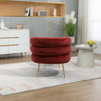 Sillón tapizado de barril color rojo vino con otomana y patas de metal