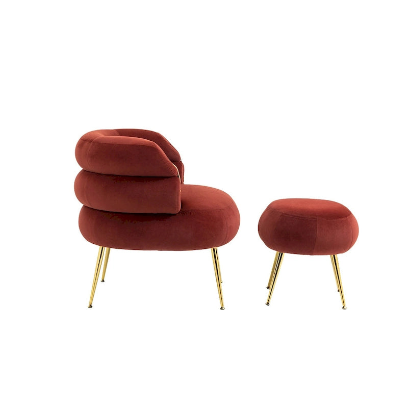 Sillón tapizado de barril color rojo vino con otomana y patas de metal