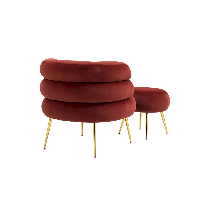 Sillón tapizado de barril color rojo vino con otomana y patas de metal