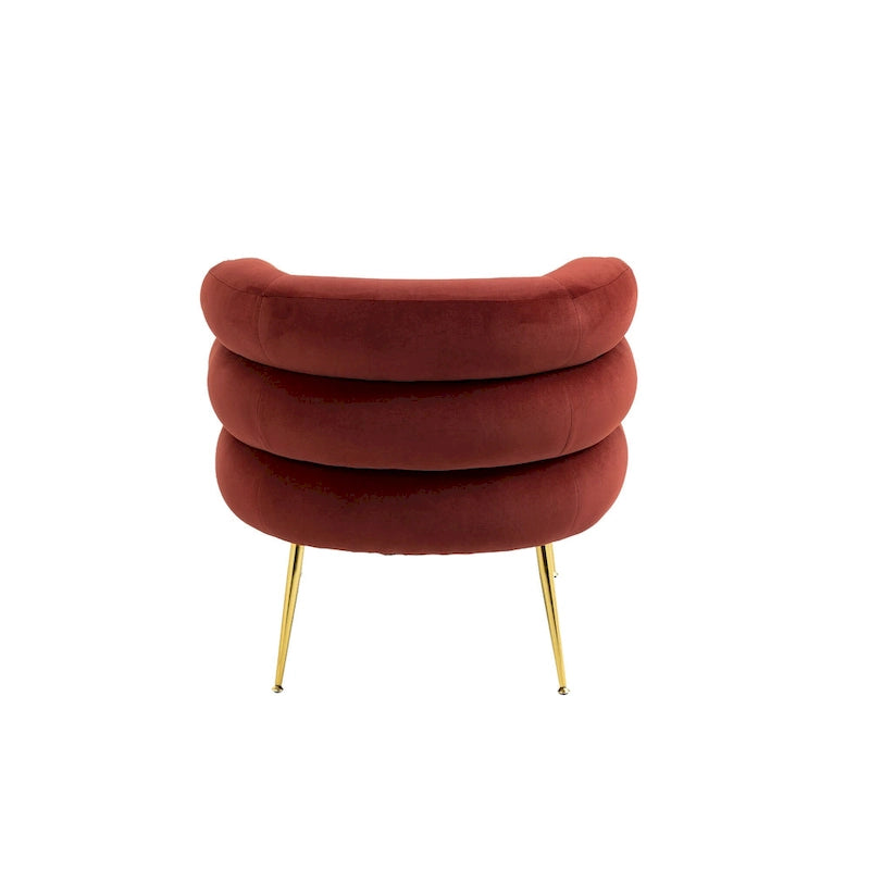 Sillón tapizado de barril color rojo vino con otomana y patas de metal