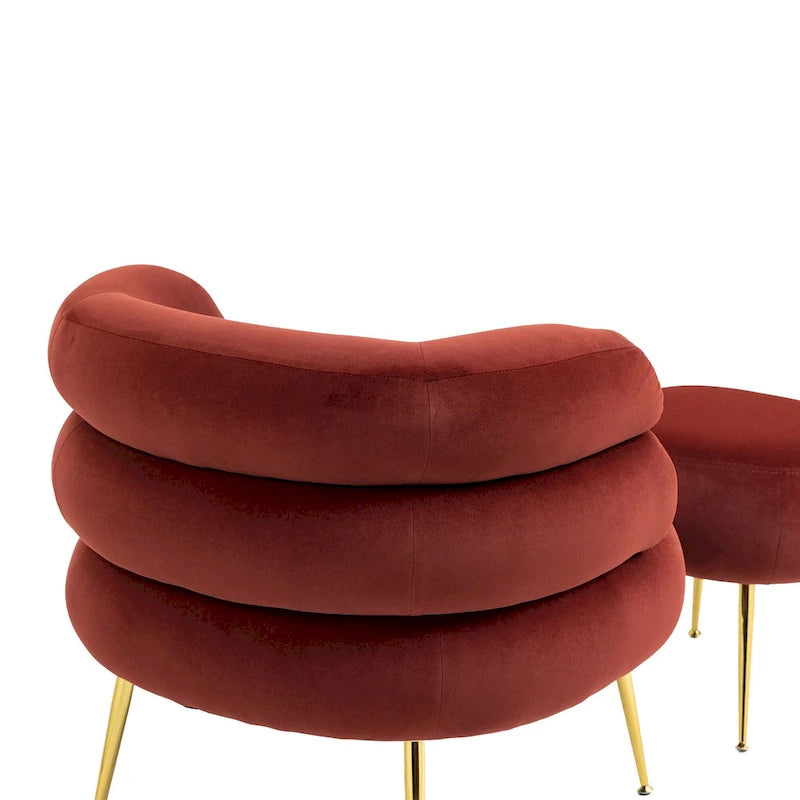 Sillón tapizado de barril color rojo vino con otomana y patas de metal