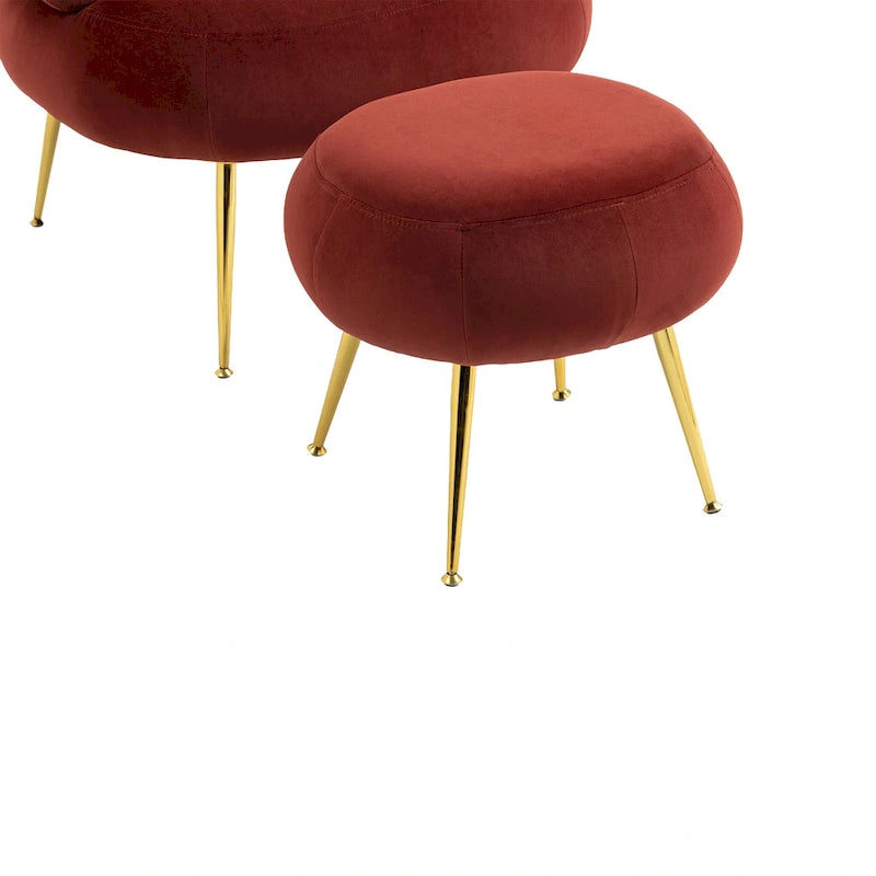 Sillón tapizado de barril color rojo vino con otomana y patas de metal