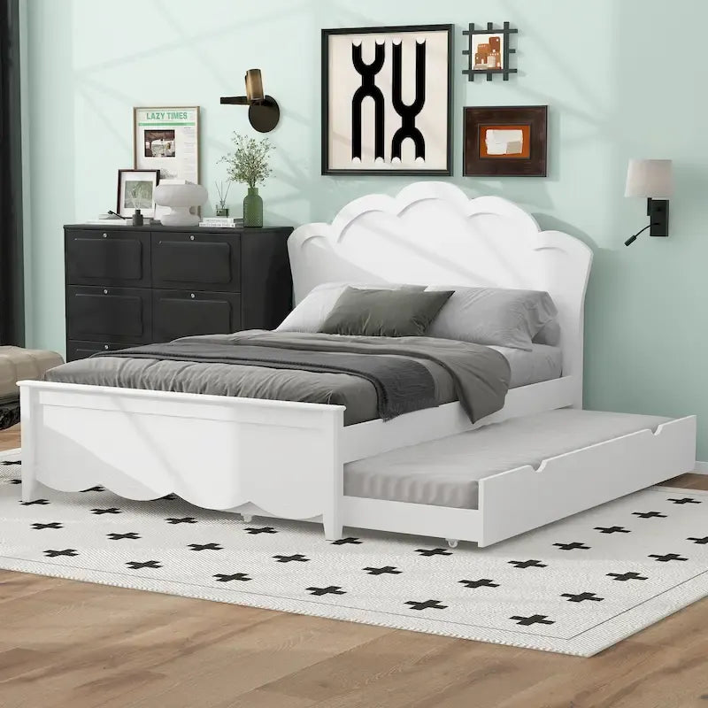 Cama de plataforma de madera tamaño matrimonial con cabecero y cama nido individual