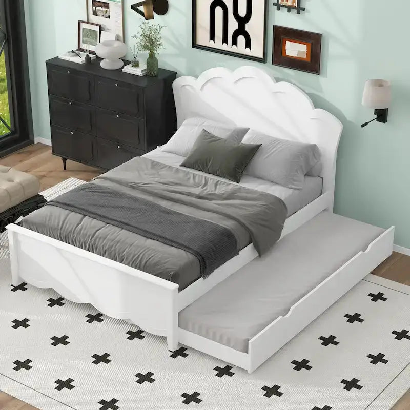 Cama de plataforma de madera tamaño matrimonial con cabecero y cama nido individual